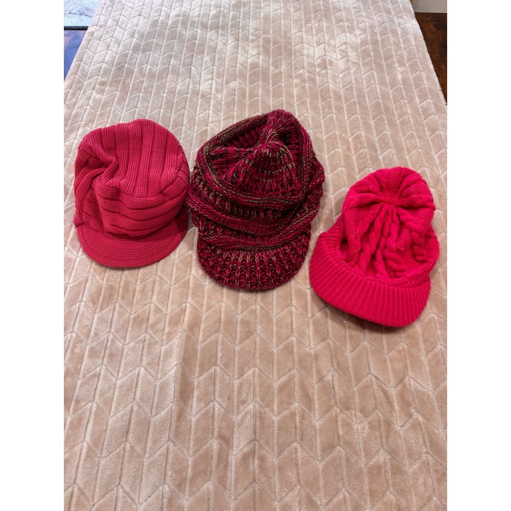Lot of 3 Pink Knit Hats Beanie Newsboy Brimmed Cable Knit Magenta Winter Bundle